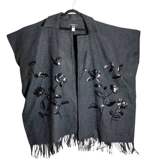 Marc New York Accessories - Marc New York Gray Sequined Floral Fringe Poncho Wrap One Size Andrew Marc